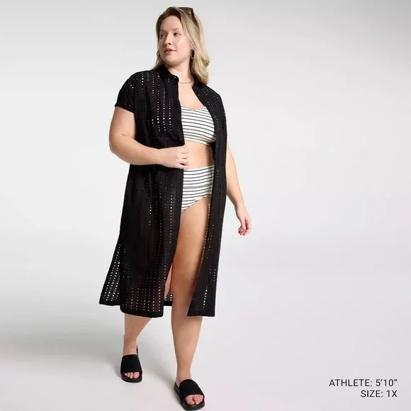 NWT CALIA Women's Extended Sleeve Button Down Swim Cover Up BLACK ya - Picture 2 of 9